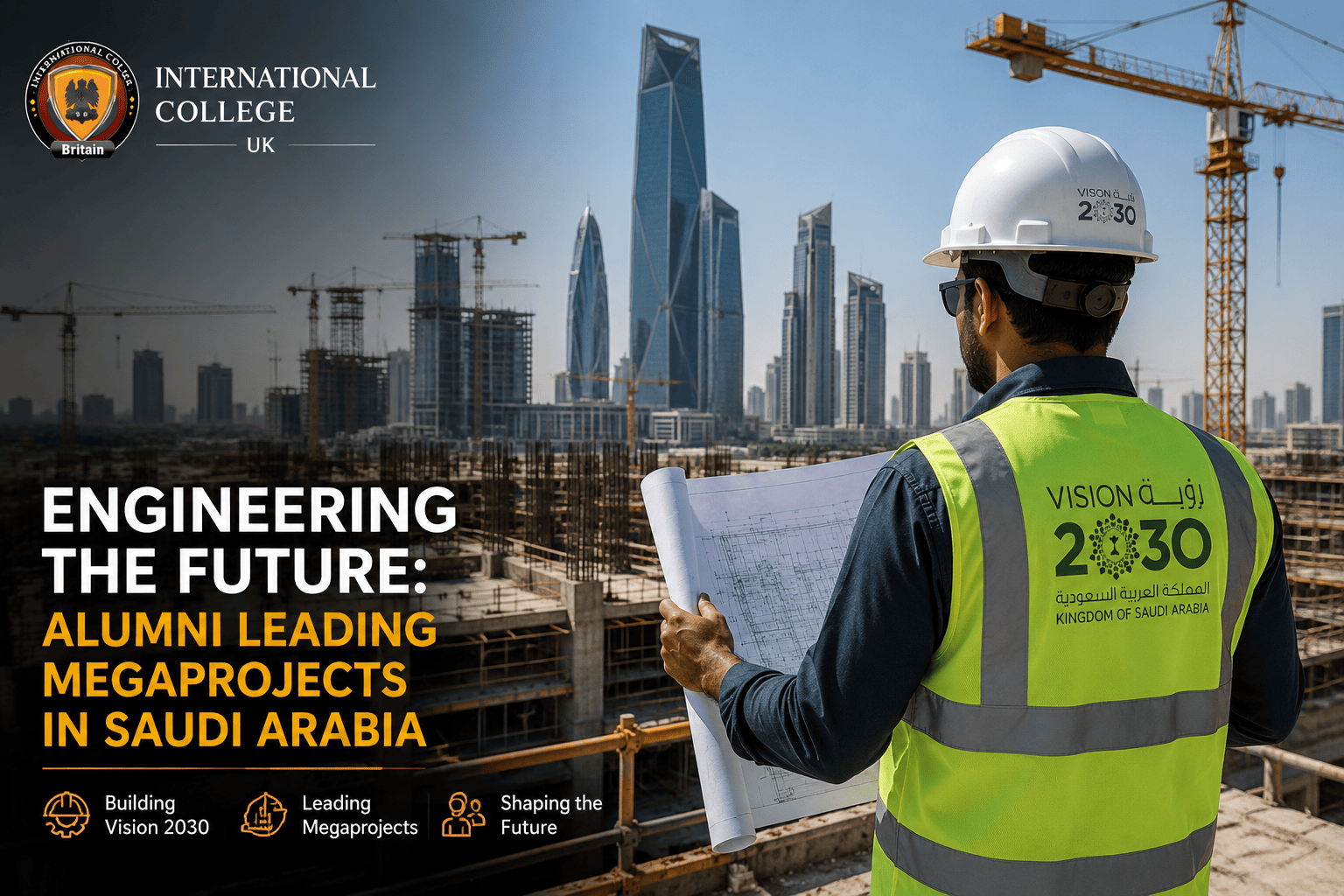 Male engineering alumni reviewing structural plans at a Vision 2030 megaproject construction site in Saudi Arabia